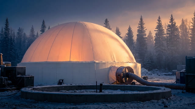 Design visualization: the inflatable Airform membrane rising on-site — weather-tight in under an hour.