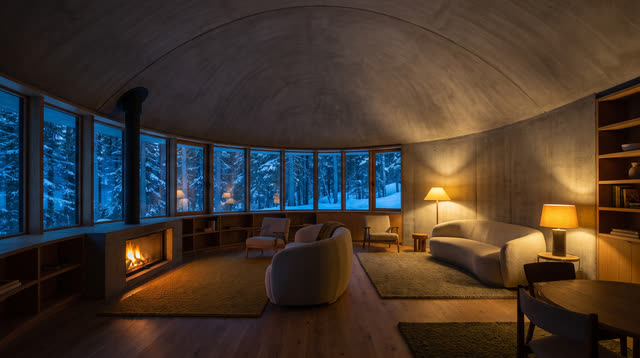 Design visualization: a warm curved great room with oak, fire and a curved window band.