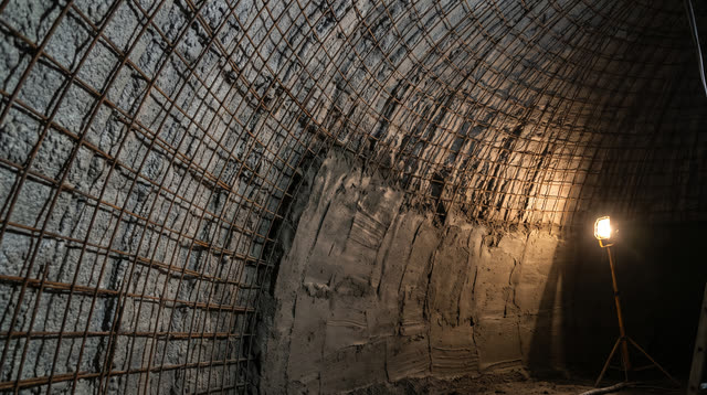 Design visualization: foam, rebar and shotcrete forming one continuous, jointless concrete shell.